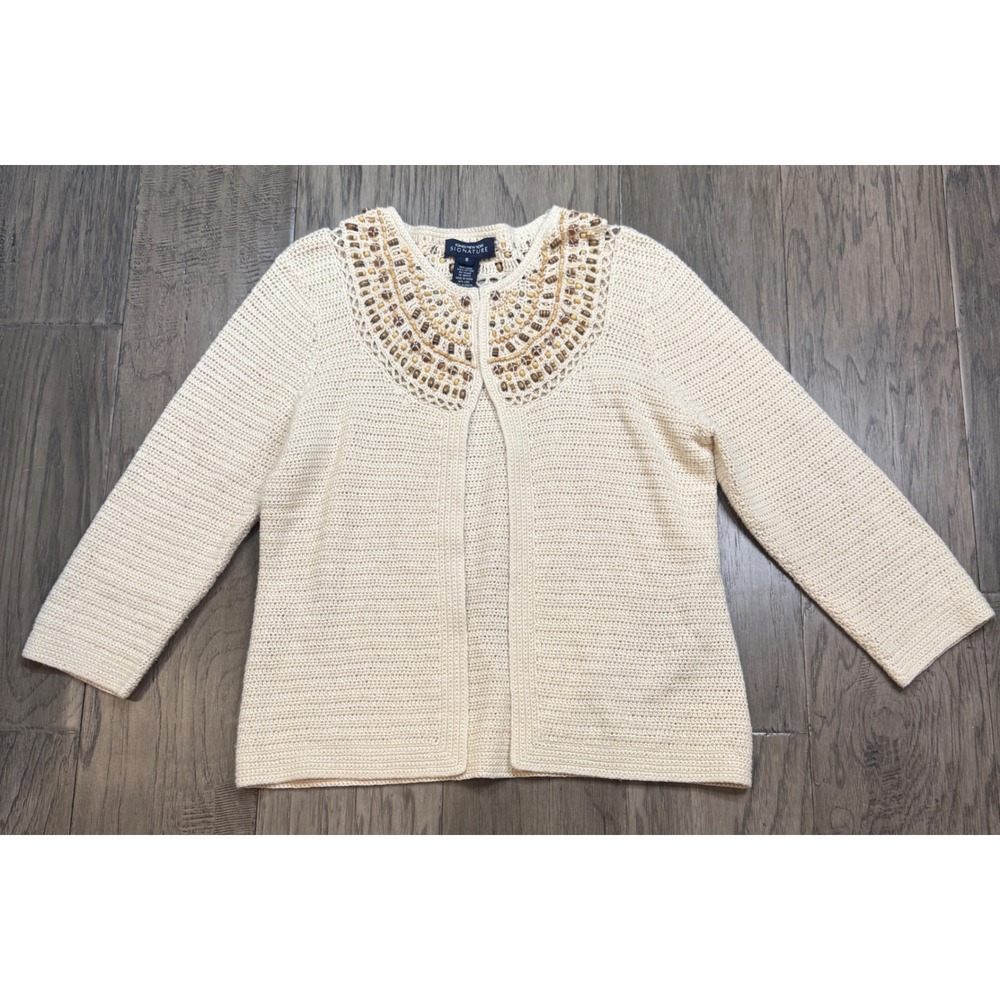 JONES NEW YORK SIGNATURE Cream Crochet Beaded Linen Blend‎ Cardigan Sweater S